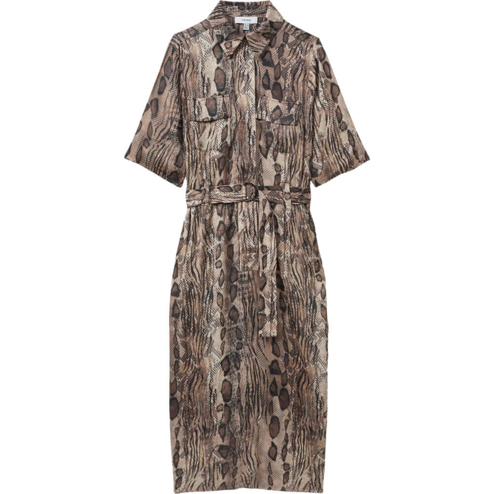 REISS FARAH Snake Print Belted Midi Dress